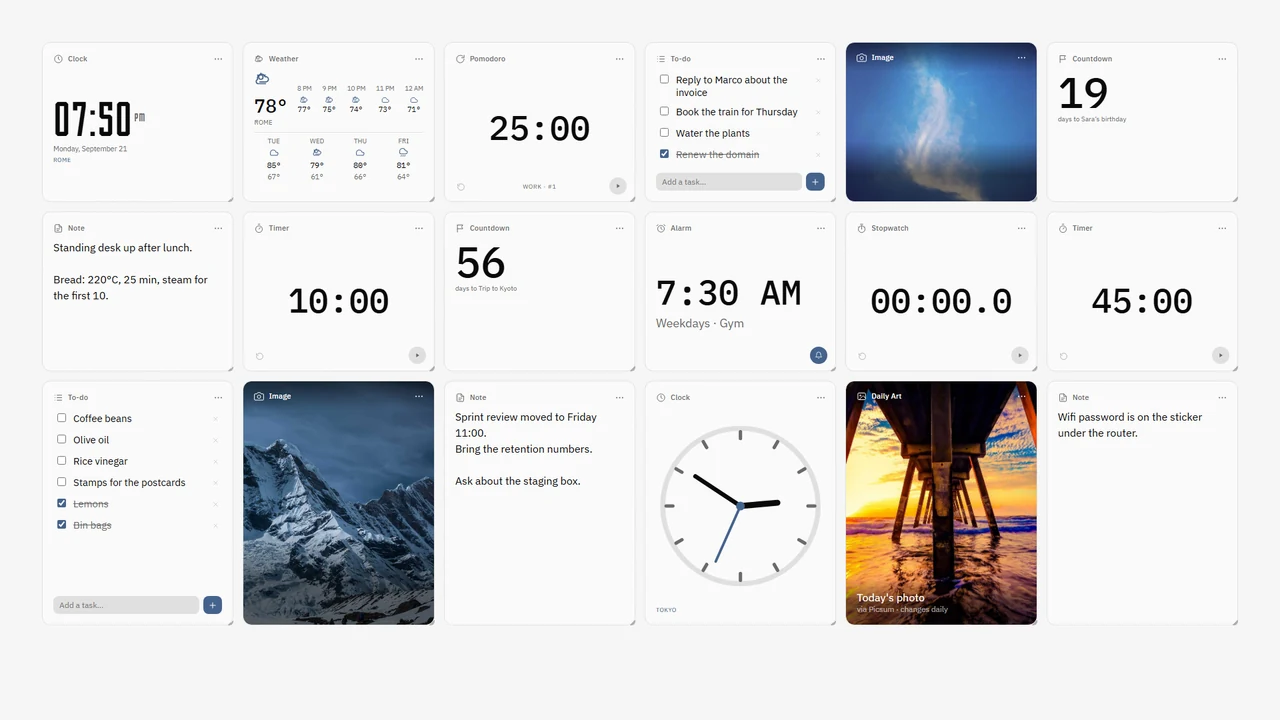 The same Yumeboard board rendered in the light theme, showing the identical widgets on a pale grid.